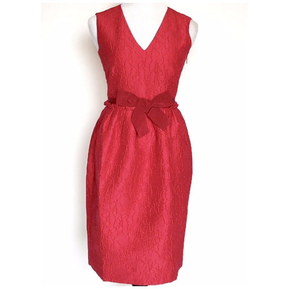 Carolina Herrera Red Bow Sleeveless Cocktail Dress 12 Ribbon Waist Floral Satin